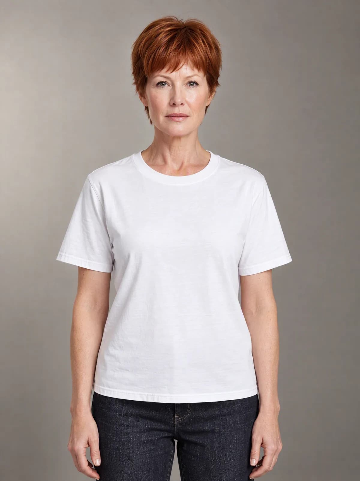 Claire in the white T-shirt and dark jeans, against a warm grey studio backdrop