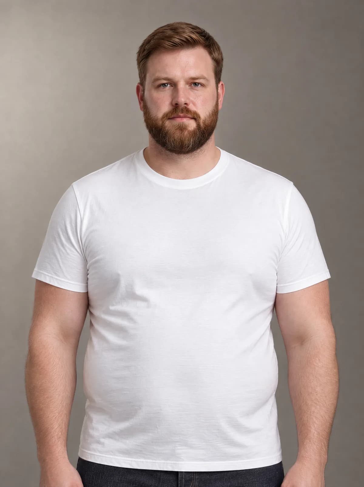 Jake in the white T-shirt and dark jeans, against a warm grey studio backdrop