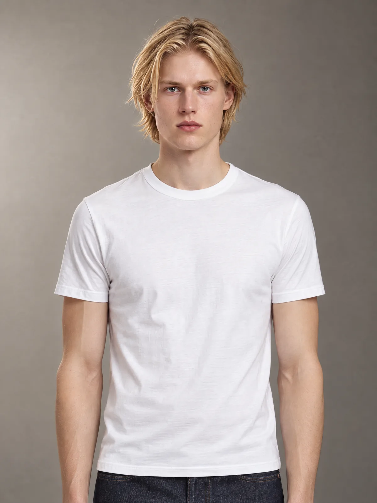 Oscar in the white T-shirt and dark jeans, against a warm grey studio backdrop