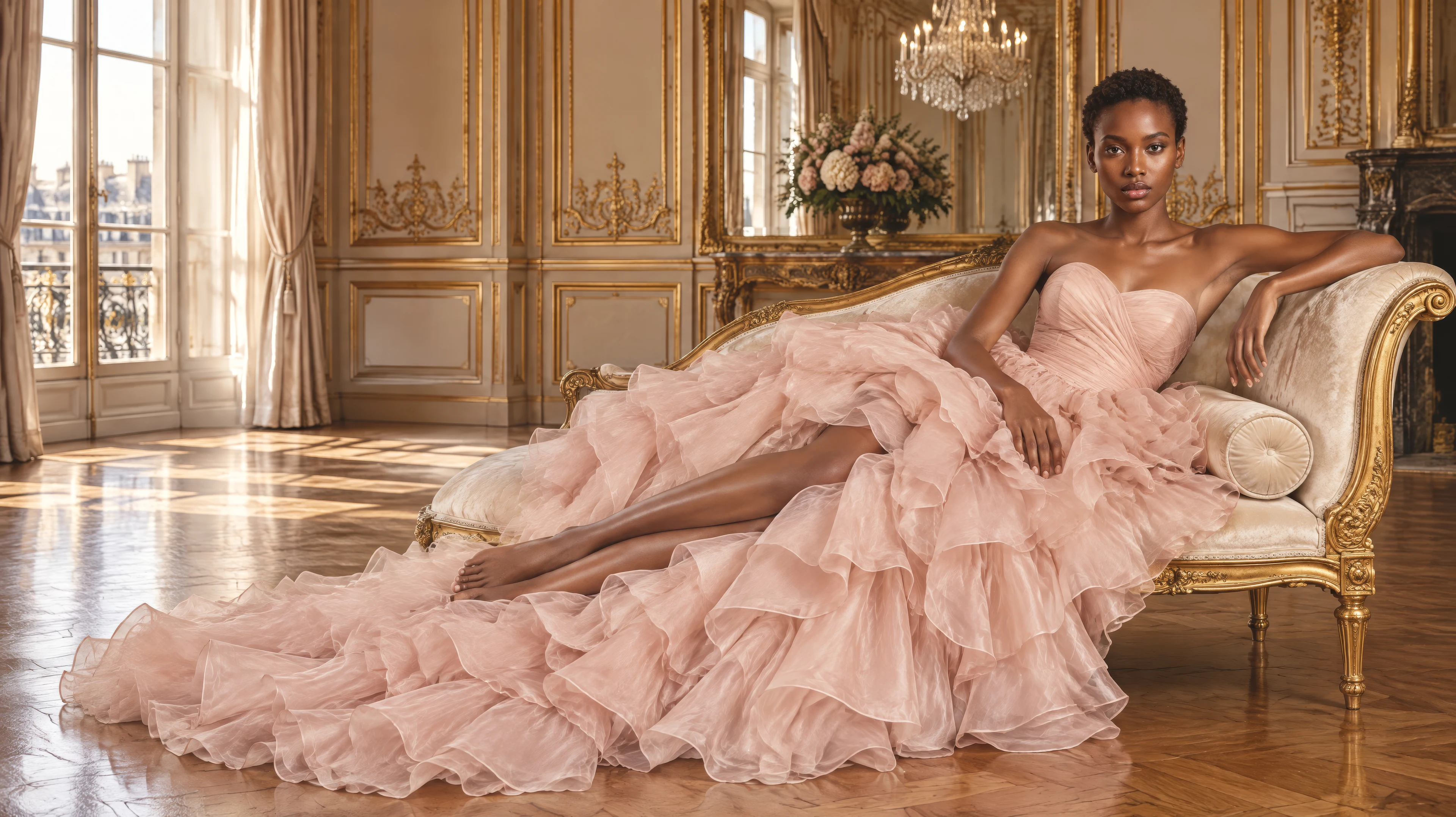 Zola reclines on a gilded chaise longue in a Parisian salon, in a blush organza couture gown with cascading ruffles spilling onto the parquet; a chandelier and mirror behind her.