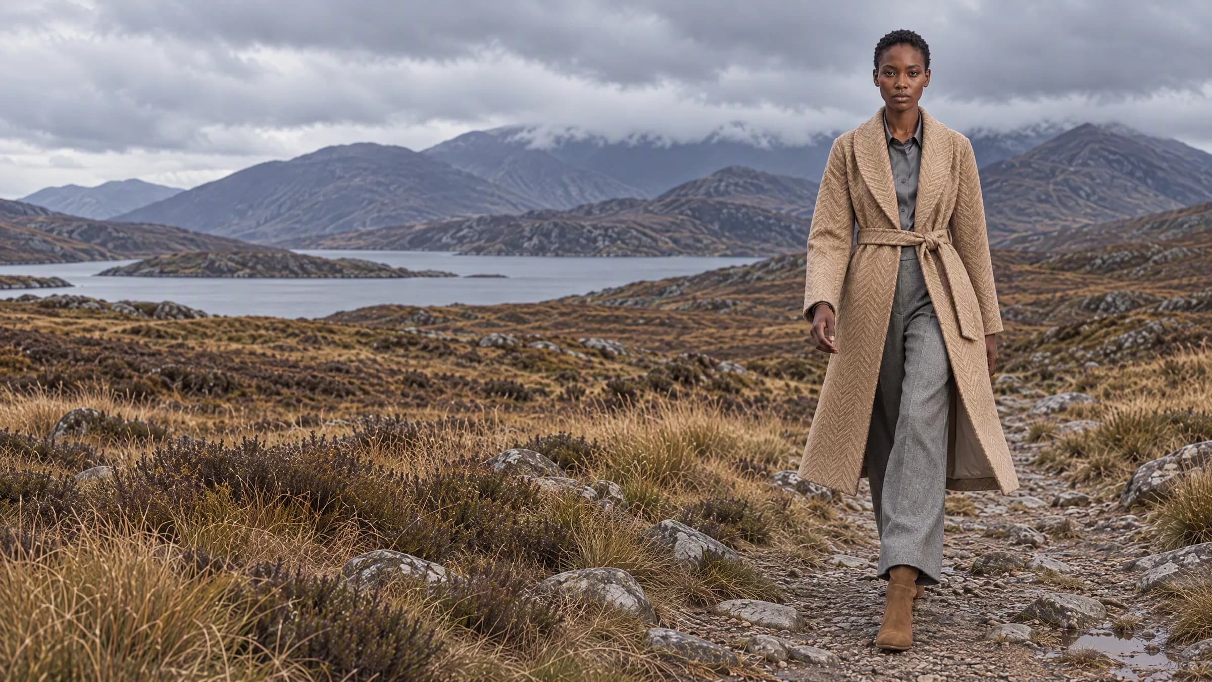 Zola walks along a rocky path in the Scottish Highlands in the camel herringbone coat with its belt, a grey shirt, wide grey flannel trousers and brown suede boots; behind her a loch and hills under an overcast sky.