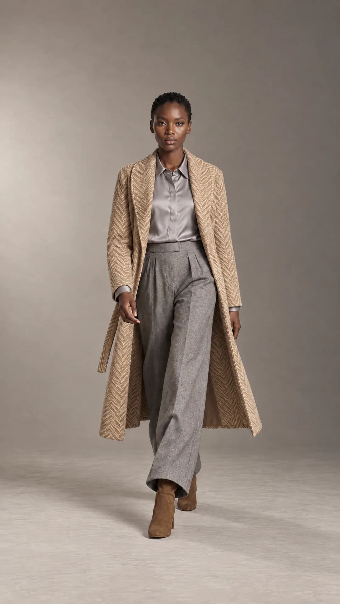 Look 01 in 9:16: Zola in the herringbone coat, full figure, with studio above and below her