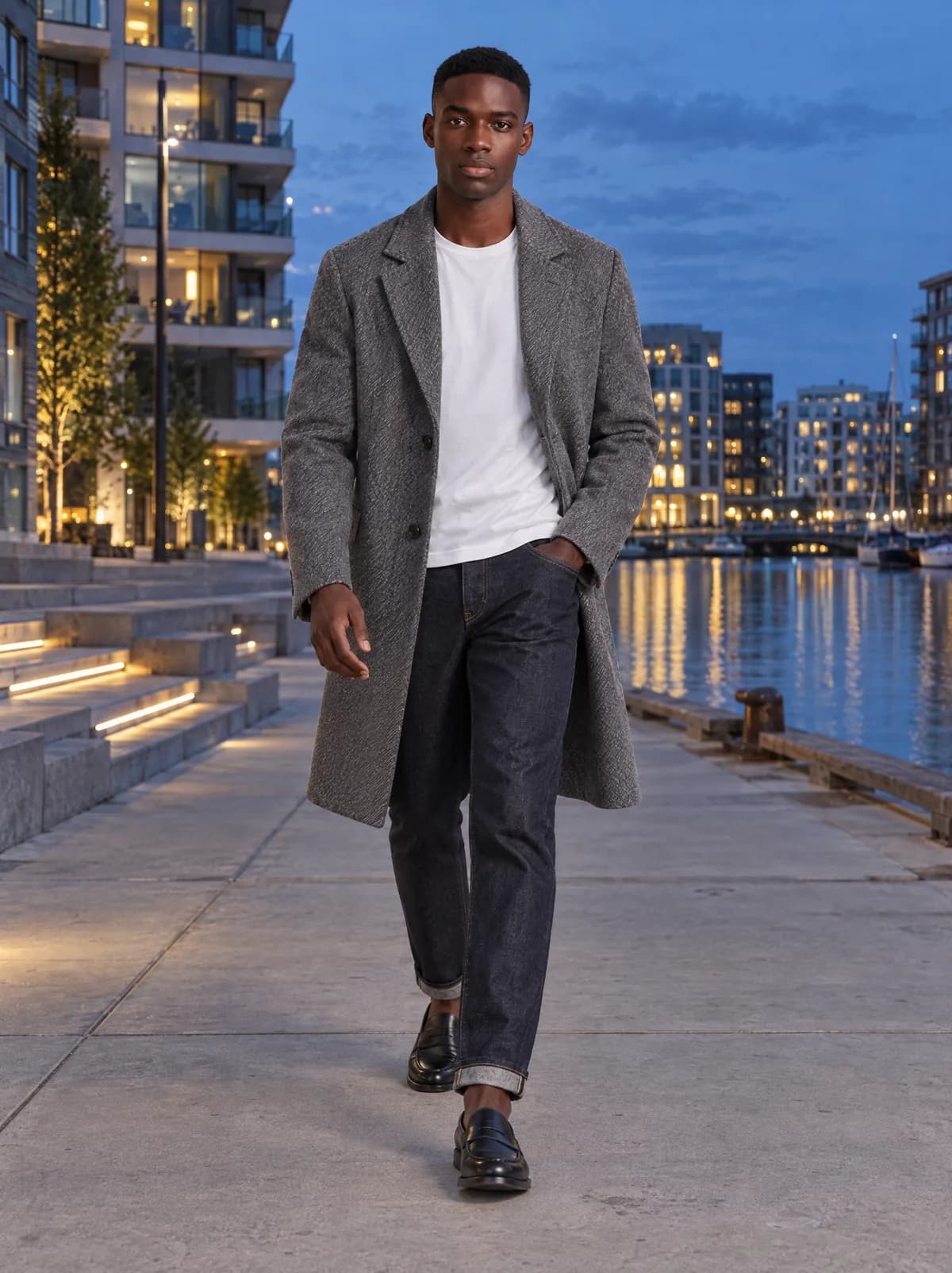Mike walks along the Copenhagen waterfront at blue hour in the grey double-faced overcoat over a white T-shirt, with jeans and black loafers.
