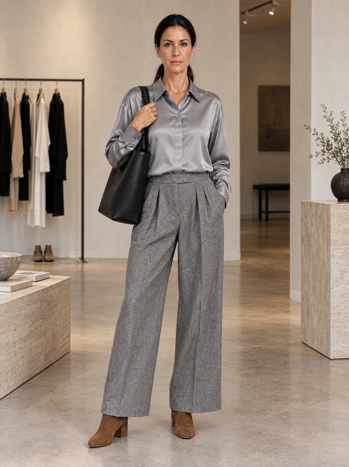 Elena in the silk shirt and wide flannel trousers, the leather tote on her shoulder, in a concept store.