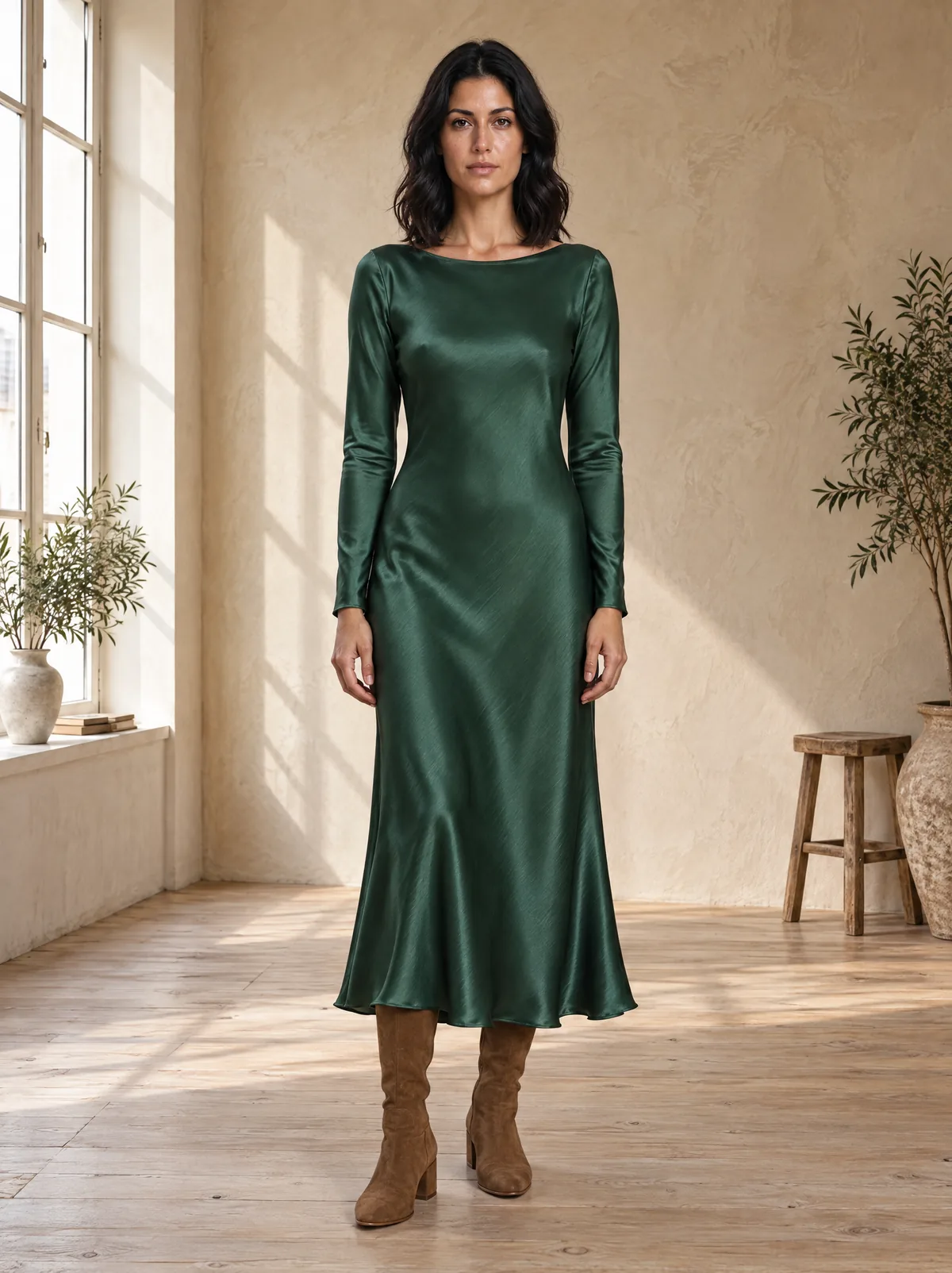 Marta in the green satin dress with suede boots, in front of a limewash wall with window light from the left