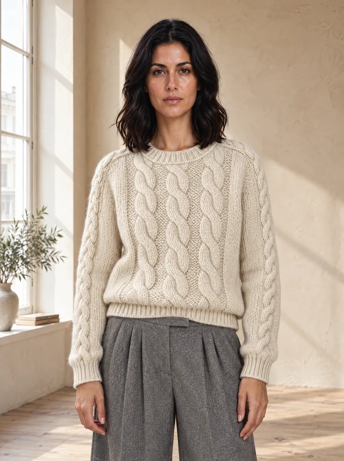 Marta in the cream fisherman sweater and grey flannel trousers, in front of a limewash wall with window light from the left