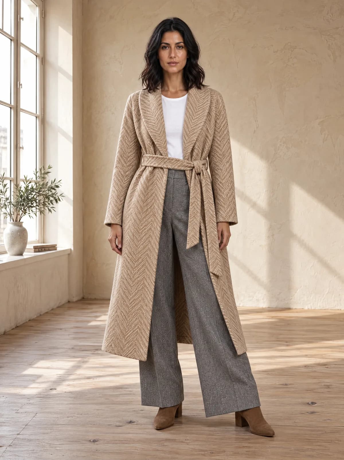 Marta in the herringbone coat over a white T-shirt, grey flannel trousers and suede boots, in front of a limewash wall with window light from the left