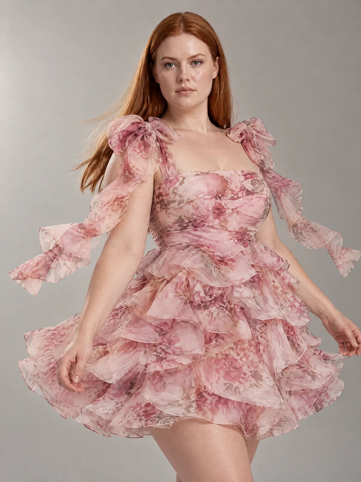 Hannah turns in a pink organza mini dress full of ruffles, against a light grey studio.
