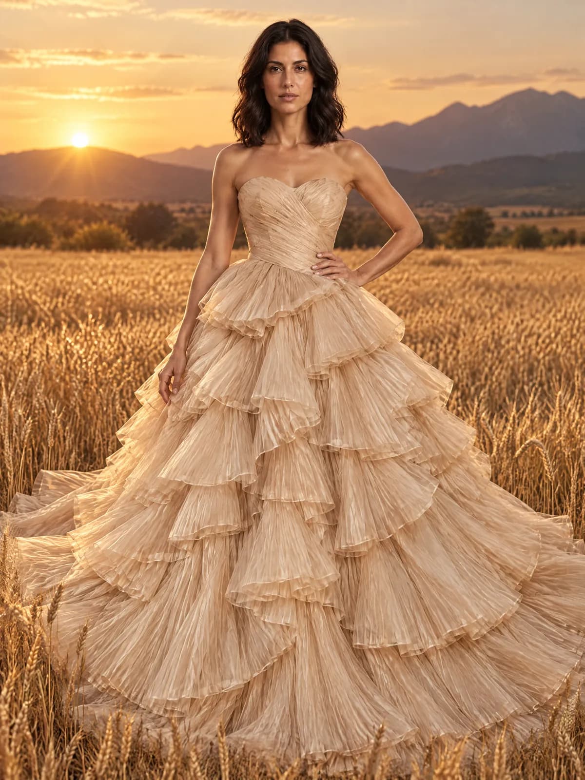 Marta in a champagne tulle ball gown with tiered ruffles, in a golden wheat field at sunset.